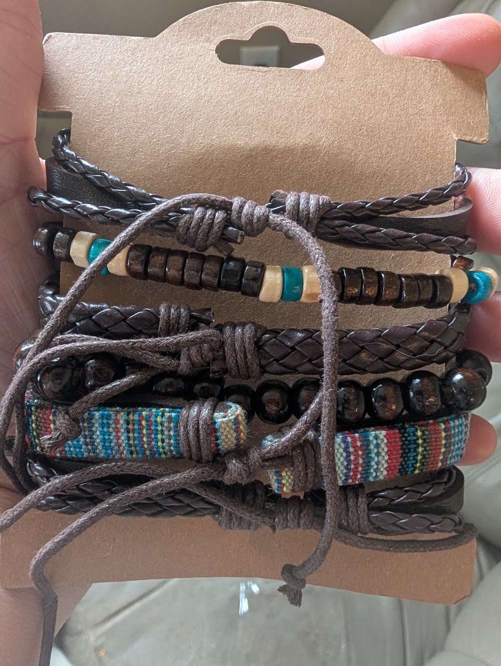 Boho Multi-Layer Brown Leather Bracelet Set with Turquoise Accents - Picture 2 of 2
